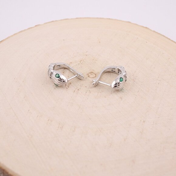Women's Sterling Silver Serpent Hoop Earrings with Green CZ Eyes Huggie Style ** - Picture 7 of 11